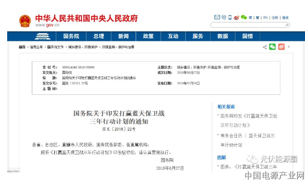 国务院发通知 提“光伏+”新模式《国务院关于印发打赢蓝天保卫战三年行动计划的通知》