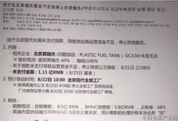 仅因为拖欠1亿多货款 北京现代就遭重要供应商